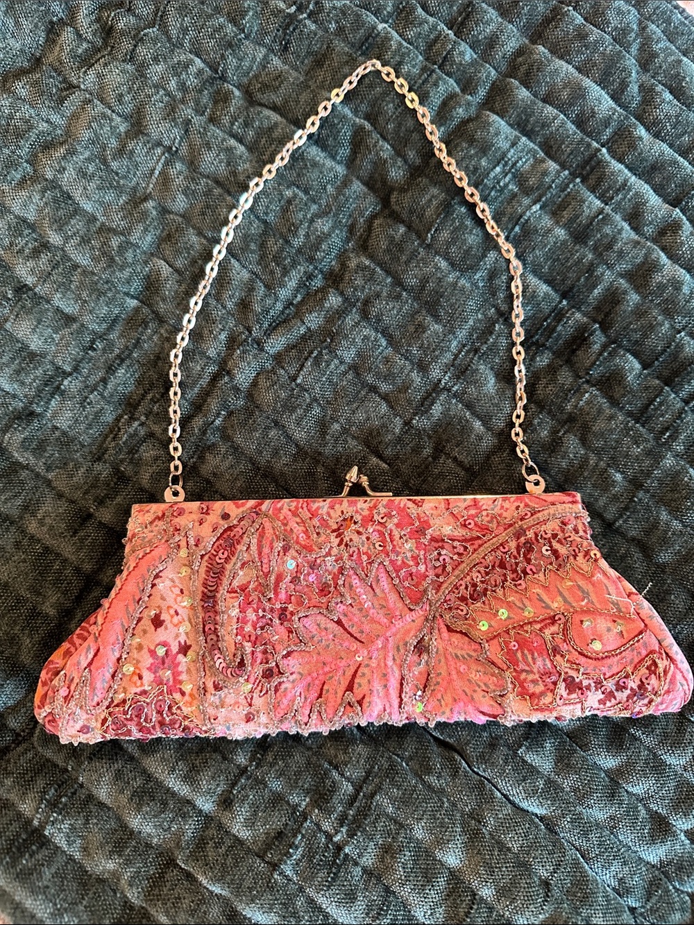 Express Beaded Pink Evening Clutch with Chain Strap